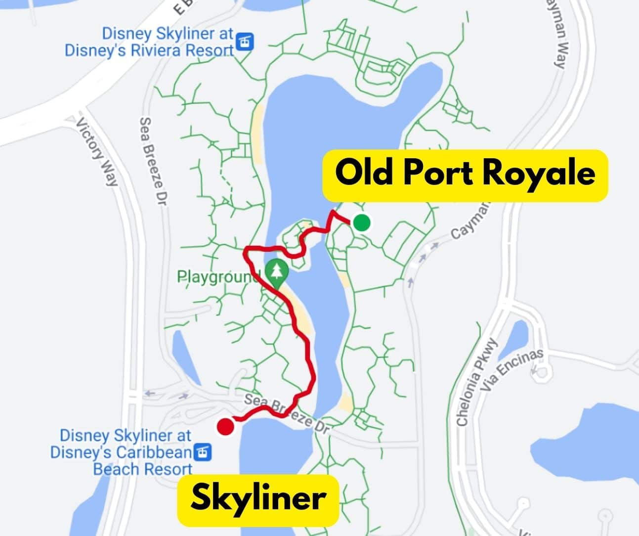 walking distance from Old Port Royale to the Skyliner 
