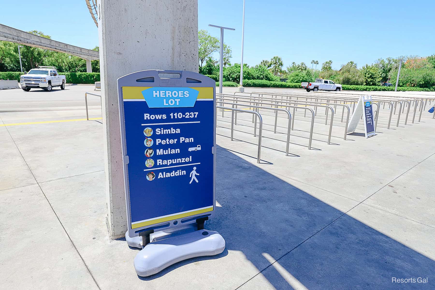 the Heroes lot parking tram sign at Magic Kingdom 