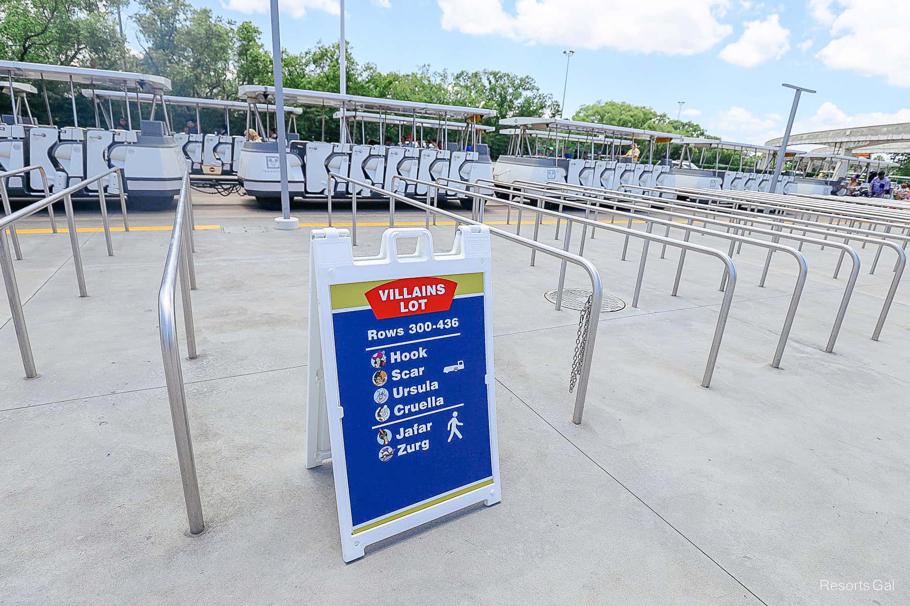 the Villains lot parking tram sign at Magic Kingdom 