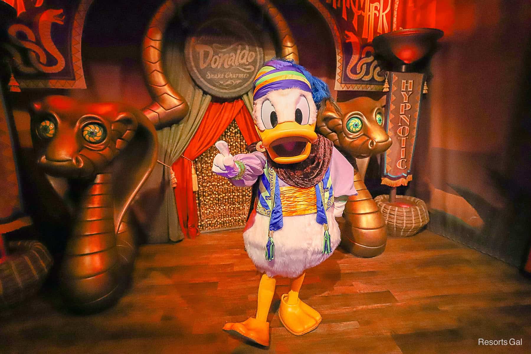 Donald Duck as a snake charmer. 