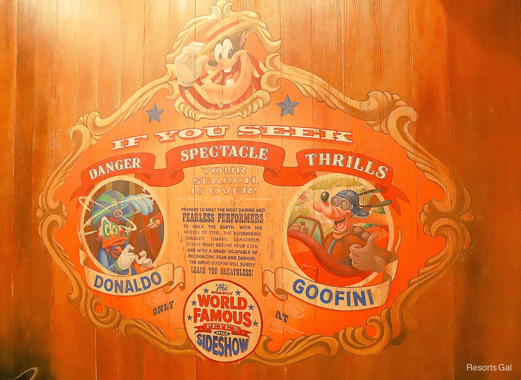 queue signage with Pete, Donaldo and Goofini 