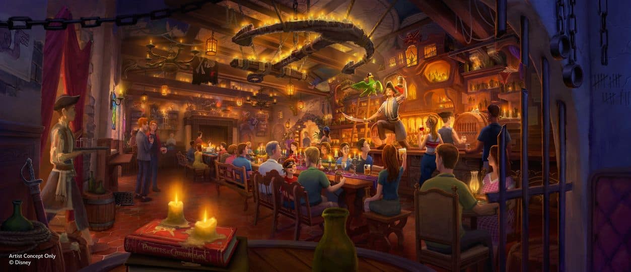 Disney concept art of a pirate themed lounge at Magic Kingdom 