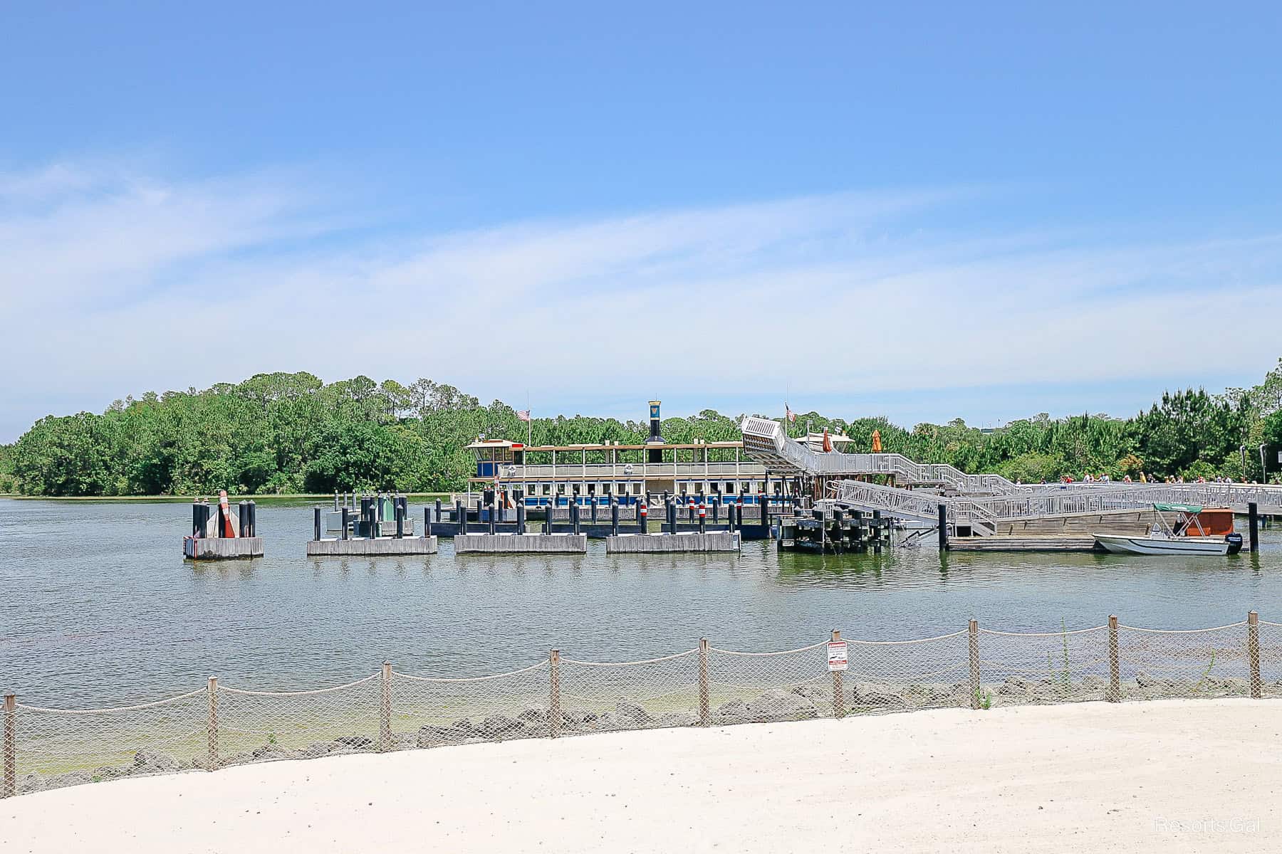 seeing the ferry at the TTC from the distance of Disney's Polynesian 