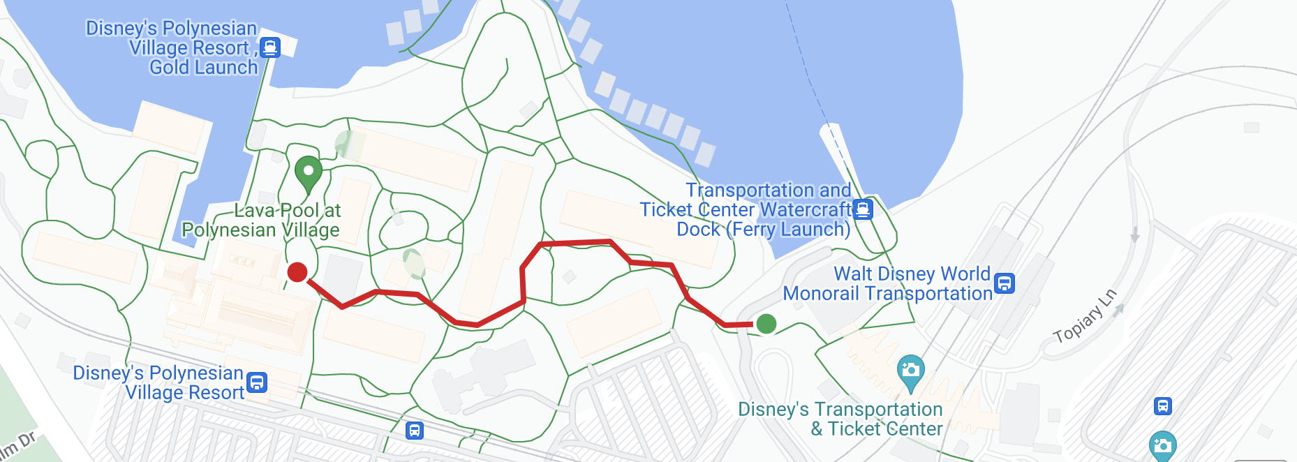 a map of the distance and walking path between the Polynesian's lobby and Transportation and Ticket Center 