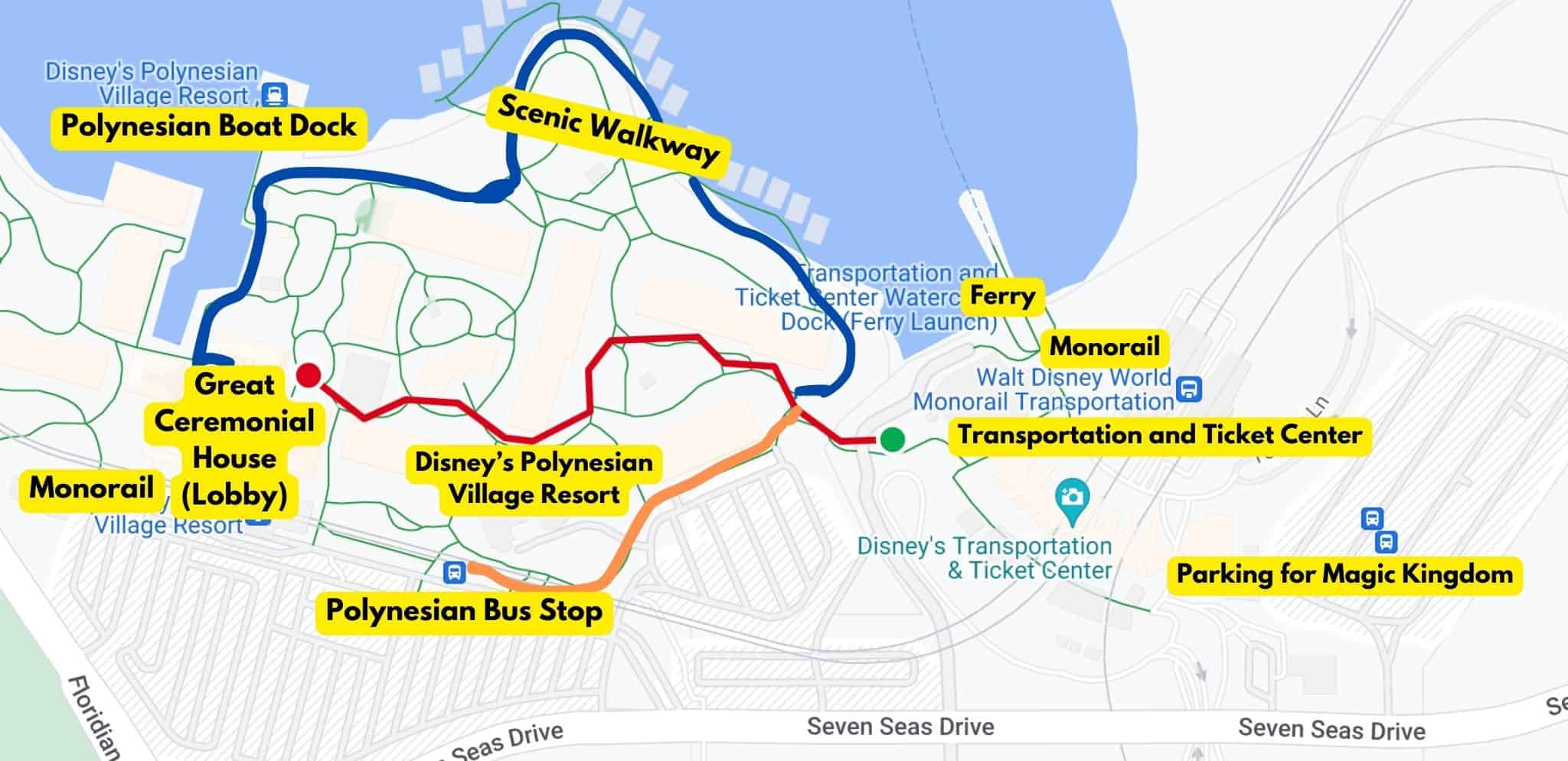 a map that highlights the walking path from the TTC to the Polynesian bus stop 