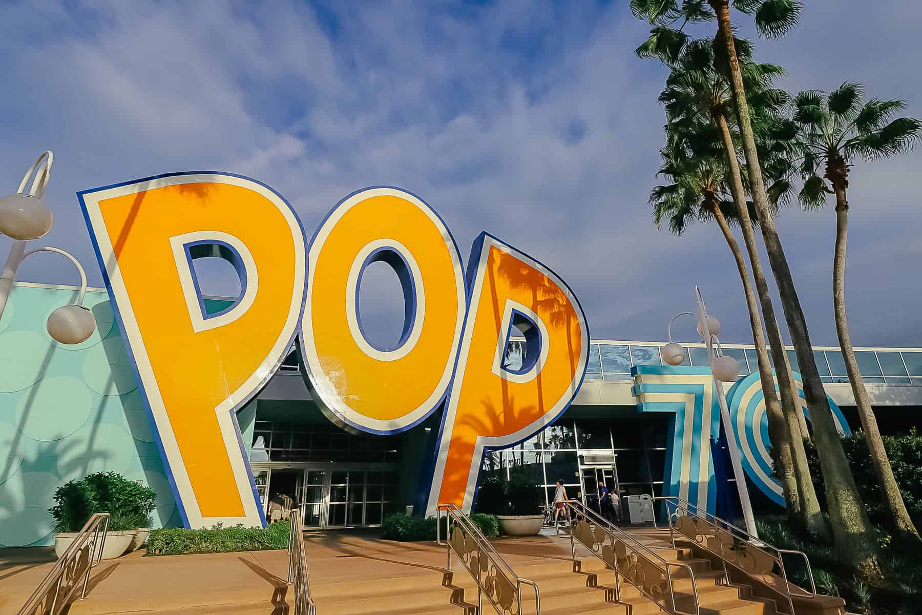 the Pop Sign outside the lobby entrance of Disney's Pop Century Resort 