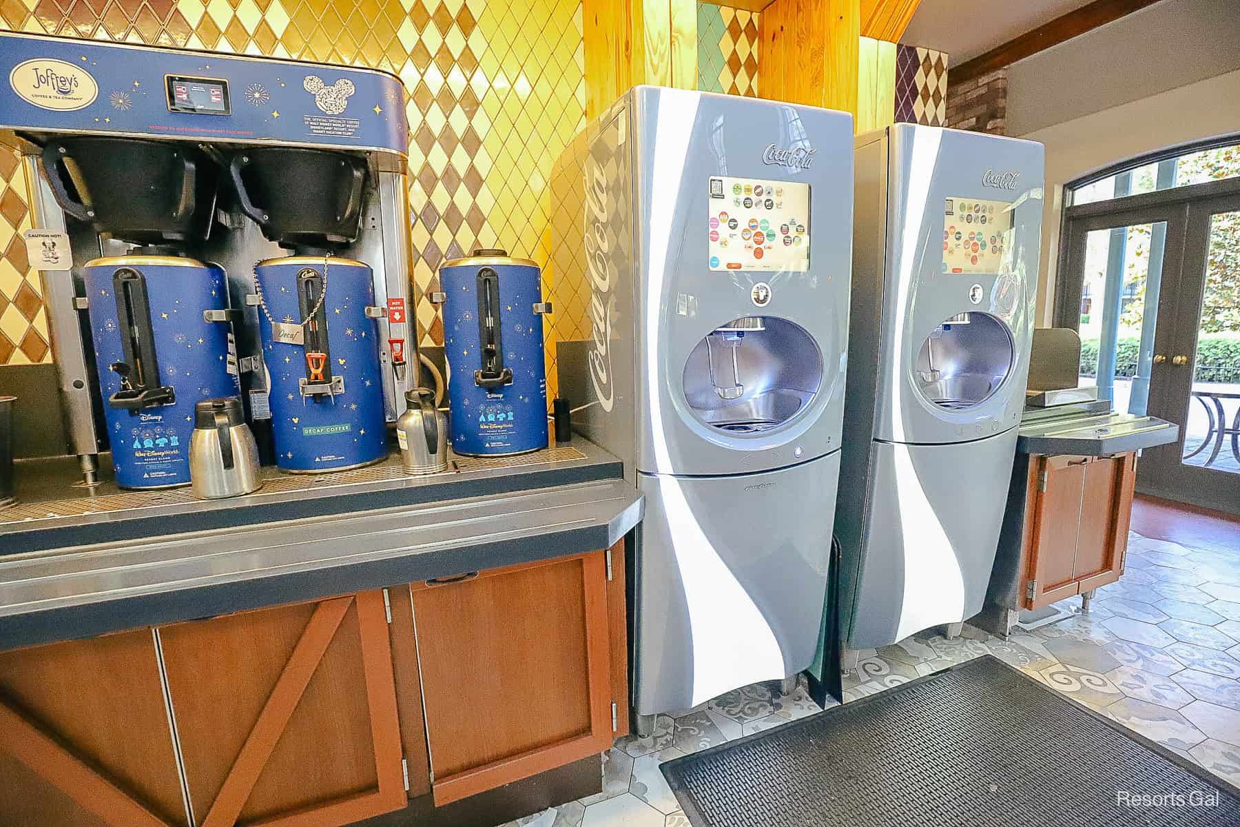 the beverage refill station for coffee (regular and decaf) at Port Orleans French Quarter 