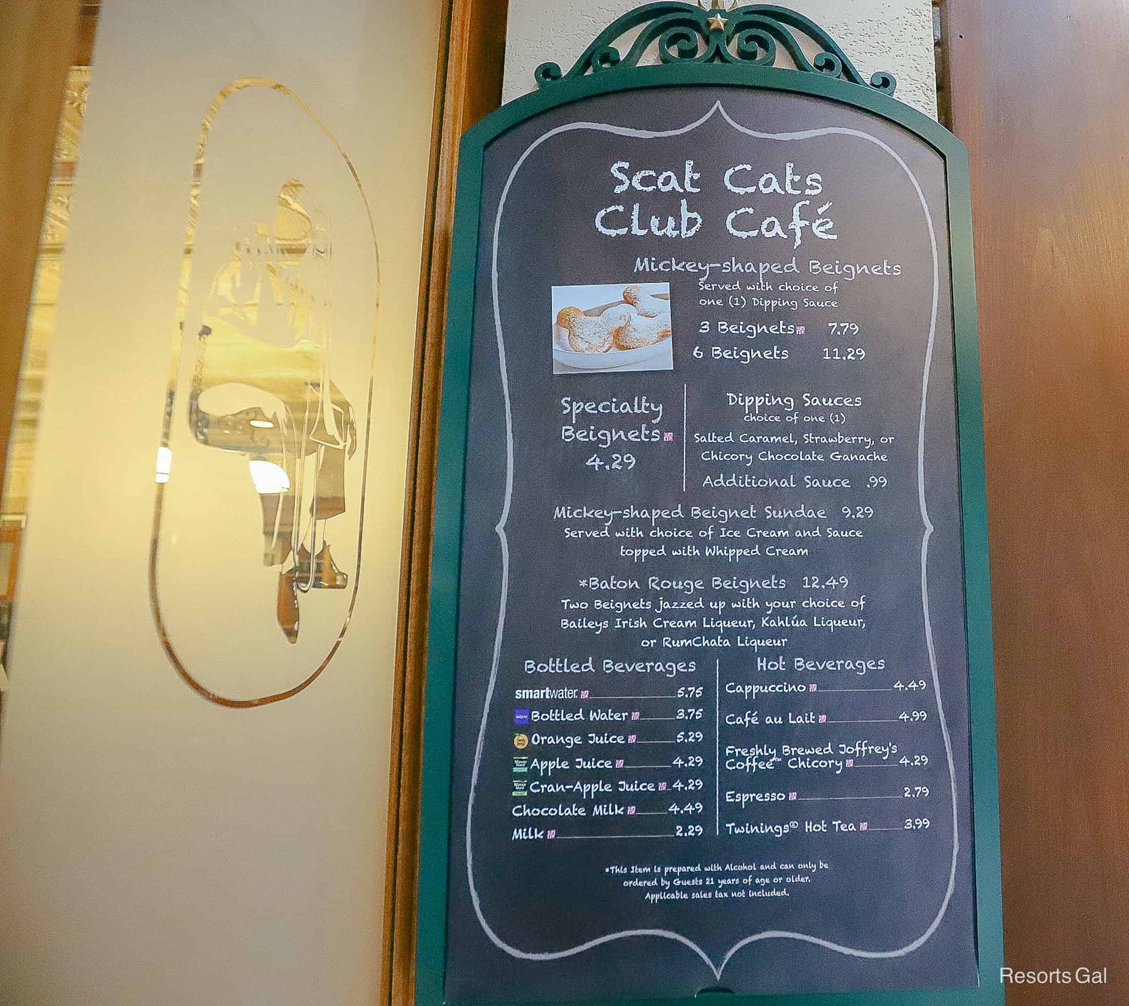 the menu for Scat Cat's Club Cafe at Port Orleans French Quarter 