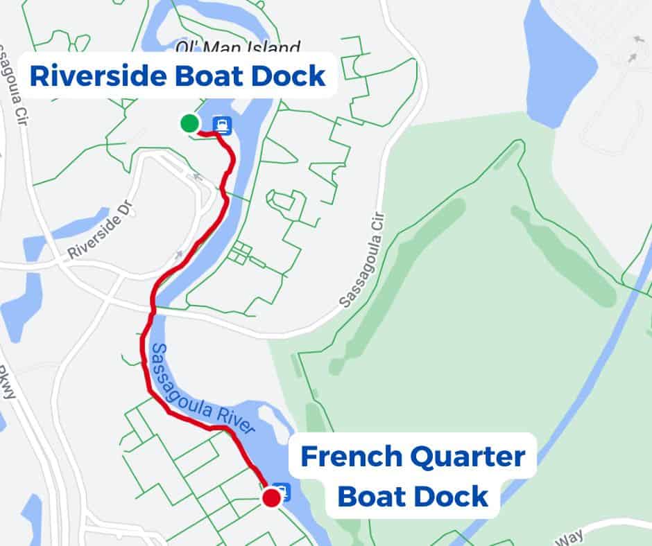 map of the walking distance between the Riverside Boat Dock and French Quarter 