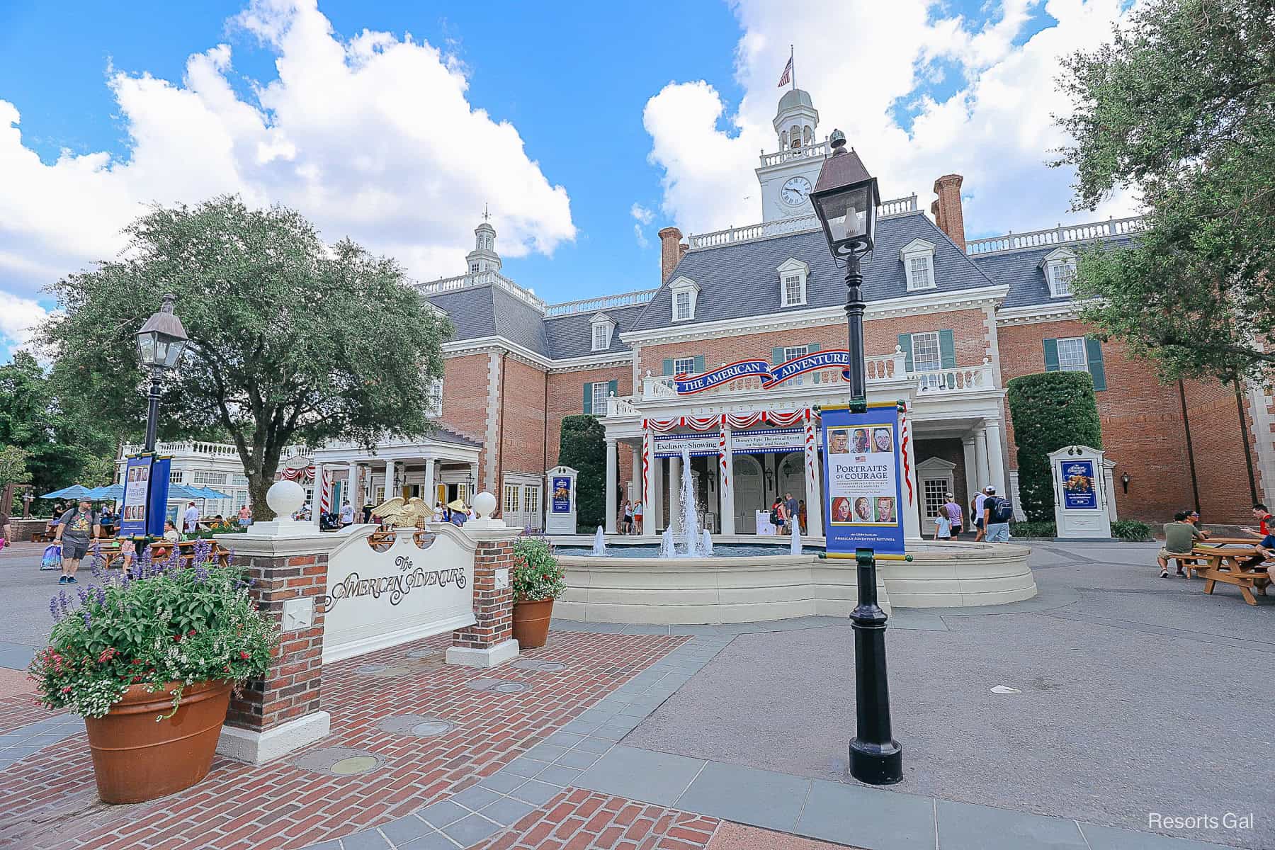 the exterior of the American Adventure pavilion at Epcot 