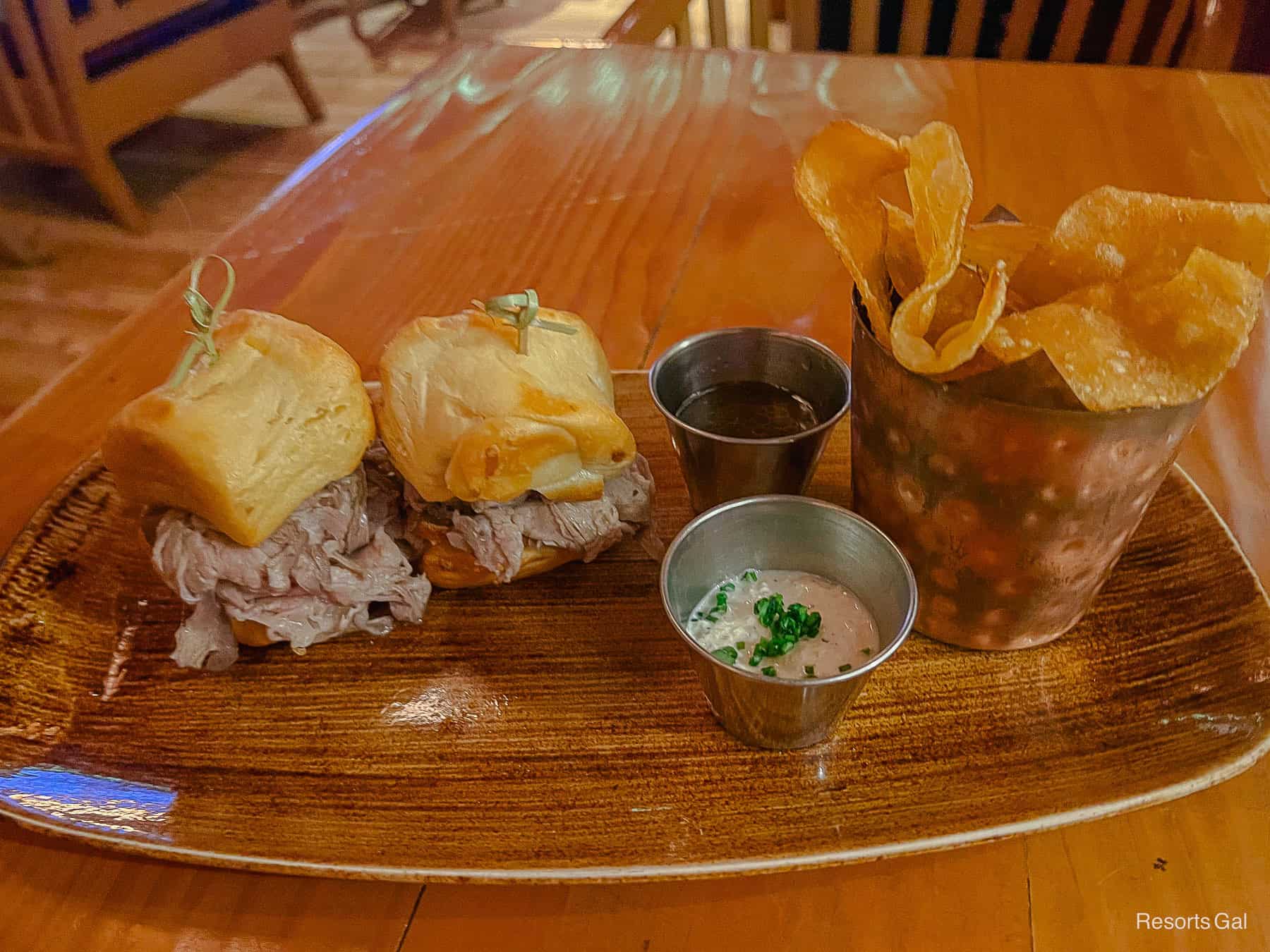 two prime rib sliders with sauce au jus and horseradish at Crew's Cup 