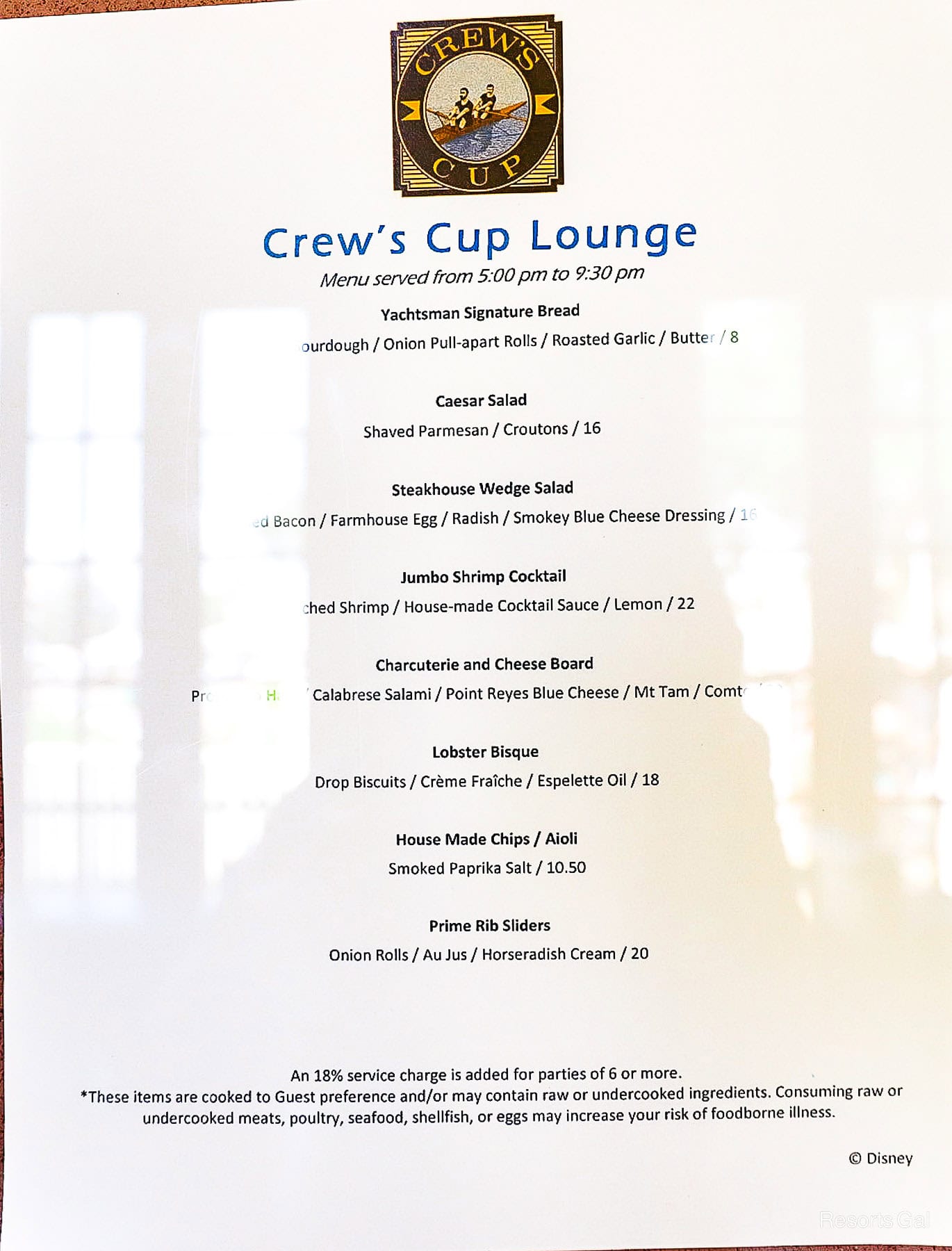the menu for Crew's Cup Lounge 