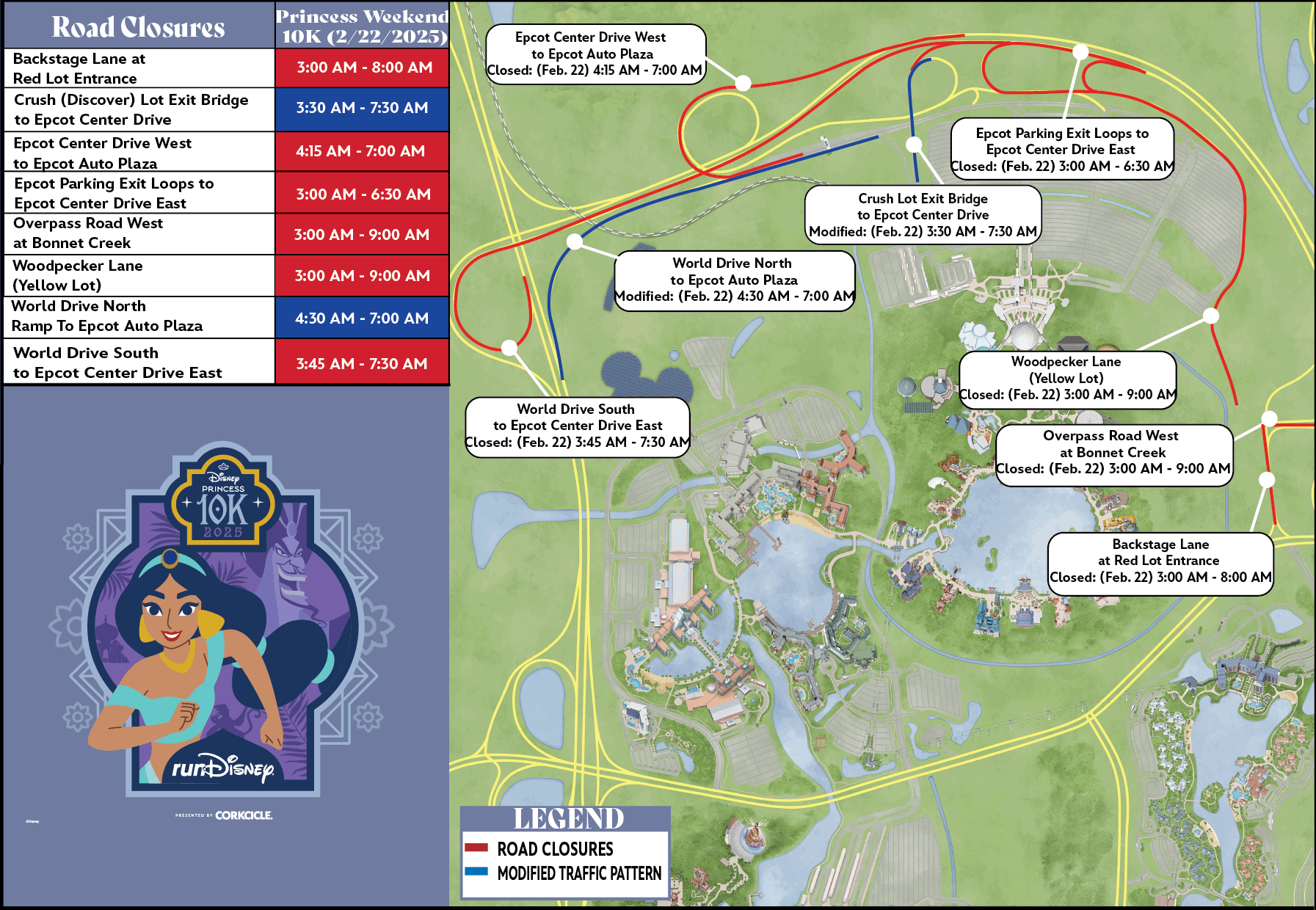 Map that shows road closures and modified traffic pattern for runDisney. 