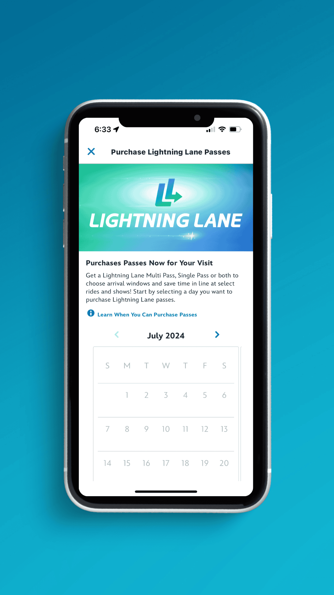 purchase Lightning Lane Passes screen with calendar 