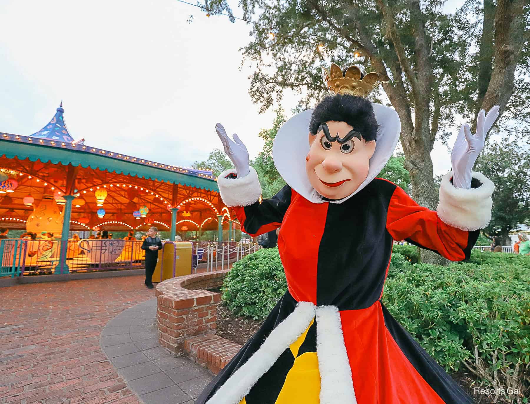 The Queen of Hearts in her traditional red and black outfit. 