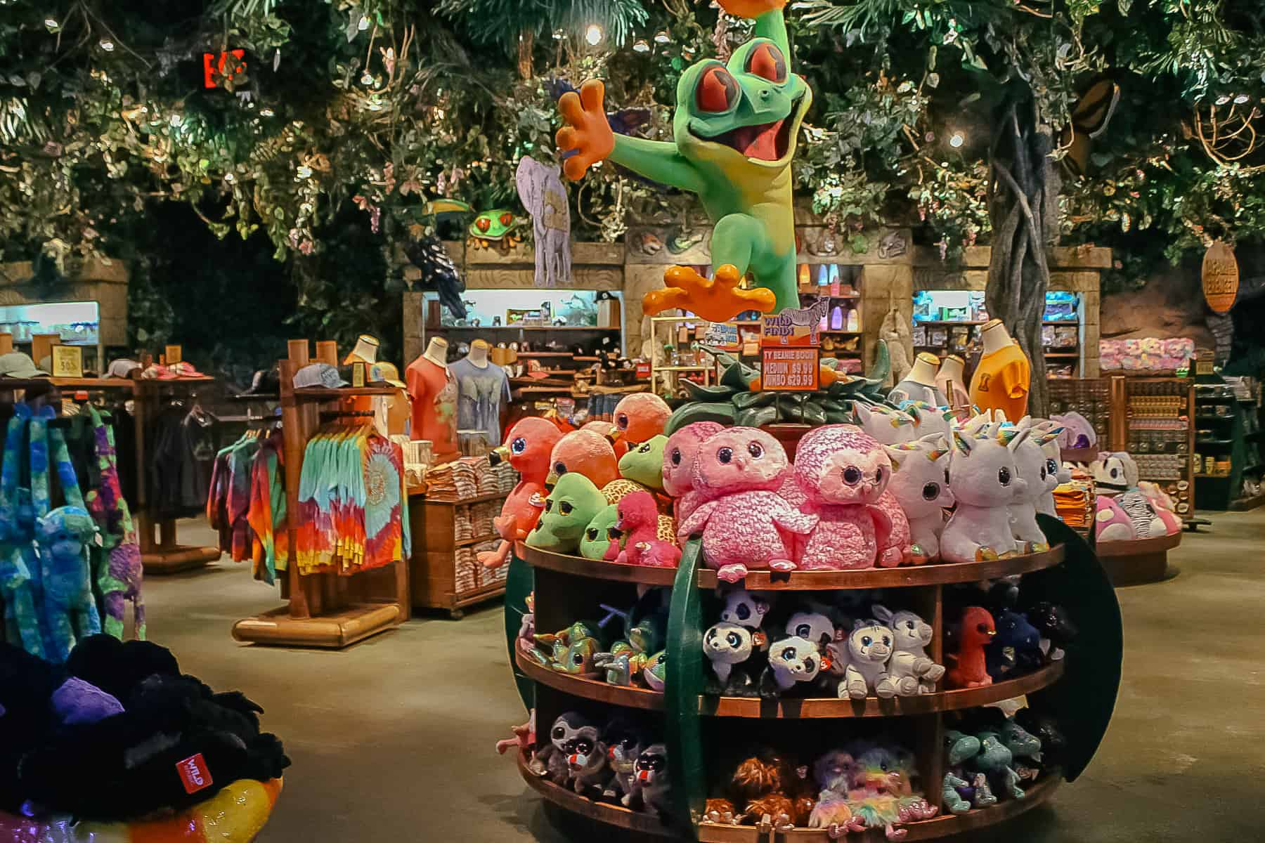 frogs and other plush items in the gift shop 