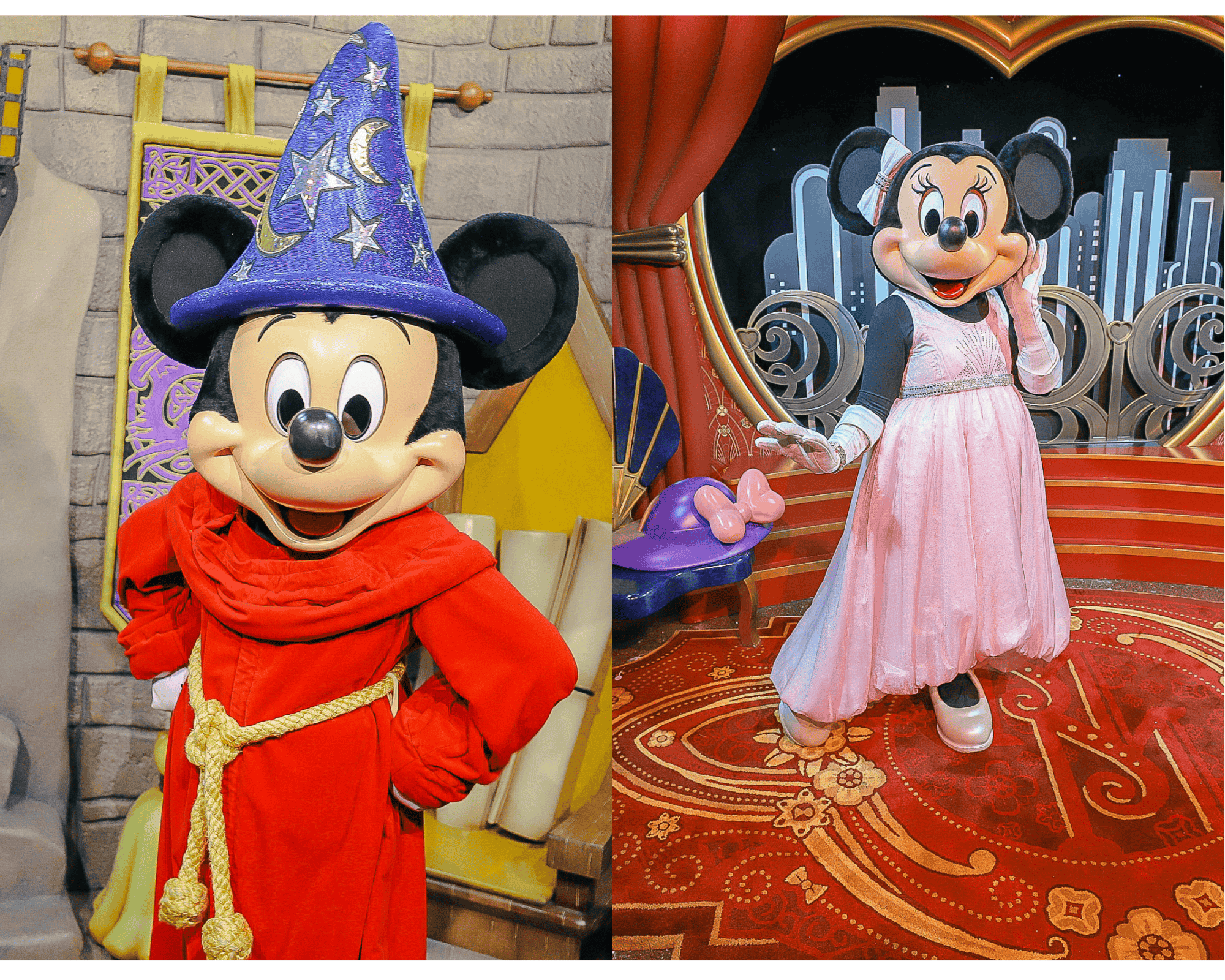 collage duo image of Mickey Mouse and Minnie Mouse in their Red Carpet Dreams meet-and-greet looks.