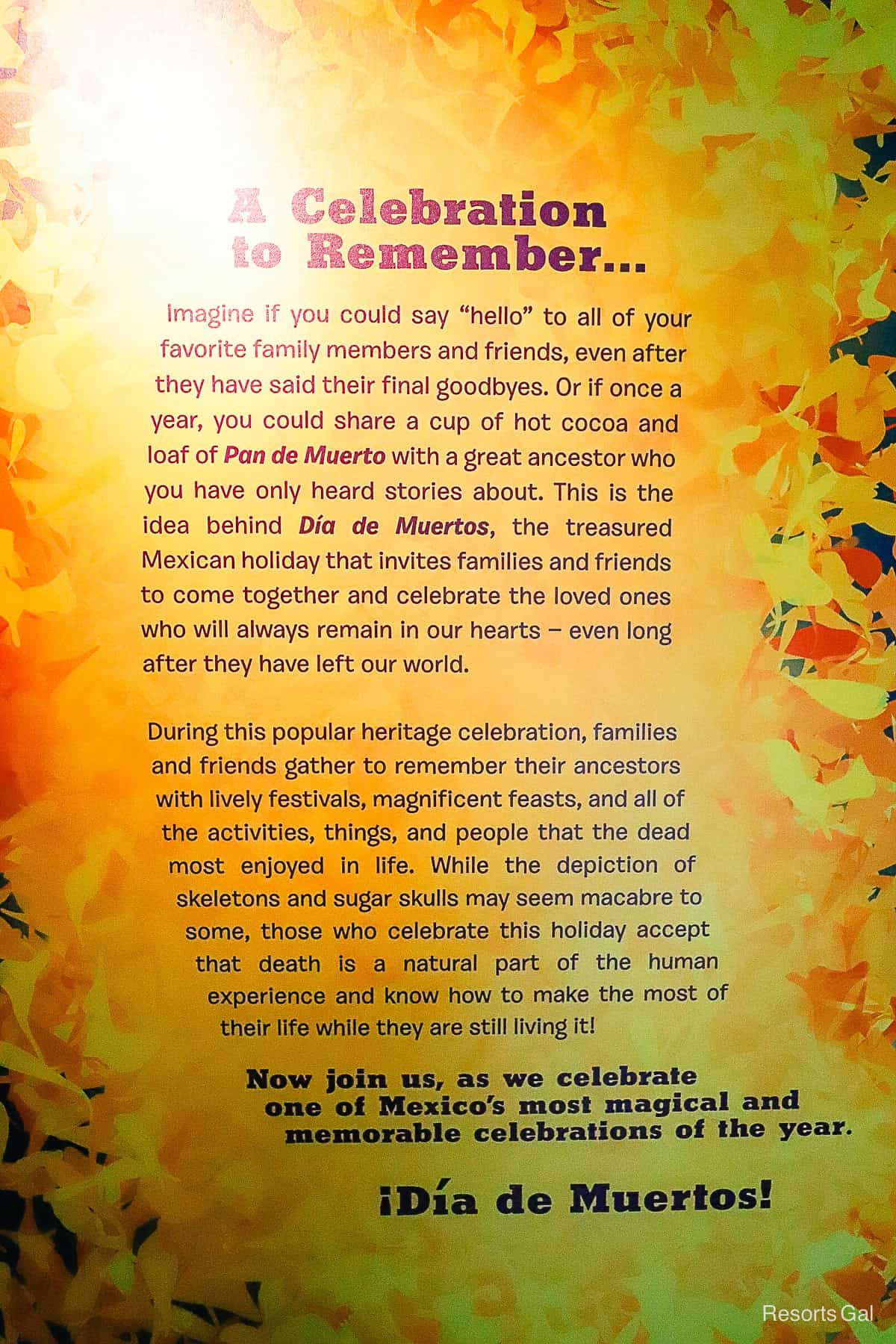 A Celebration to Remember...The sign explains the idea behind Dia de Muertos. 