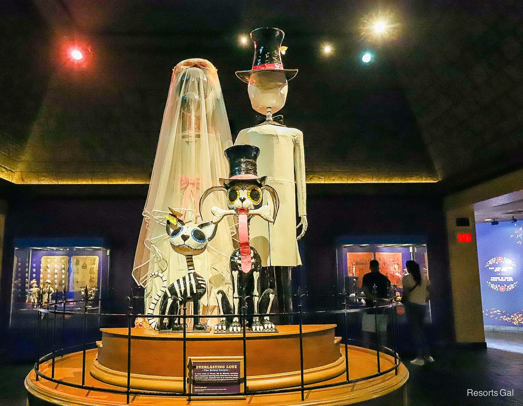 the skeleton bride and groom in the Remember Me Exhibit at Epcot