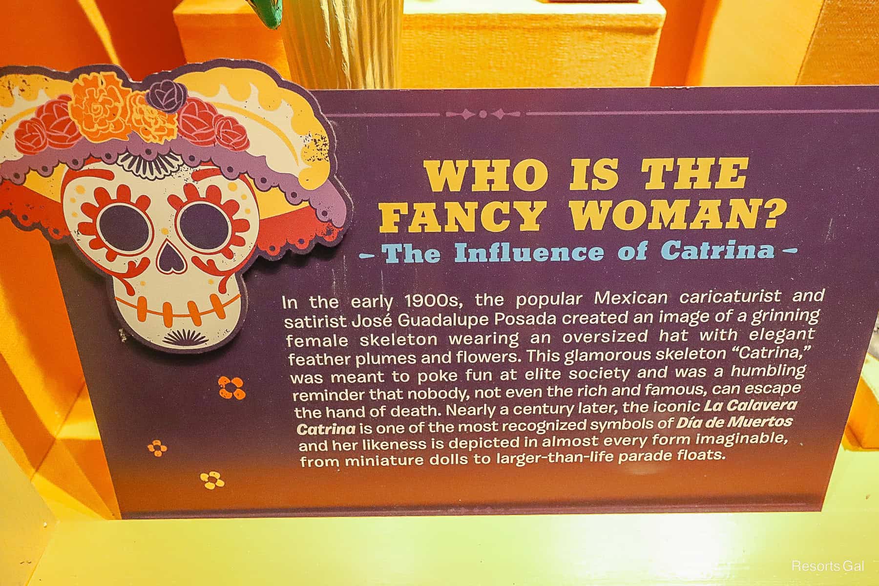 informational signage: Who is this Fancy Woman? The Influence of Katrina. It goes on to tell a lengthy story of the grinning female skeleton. 