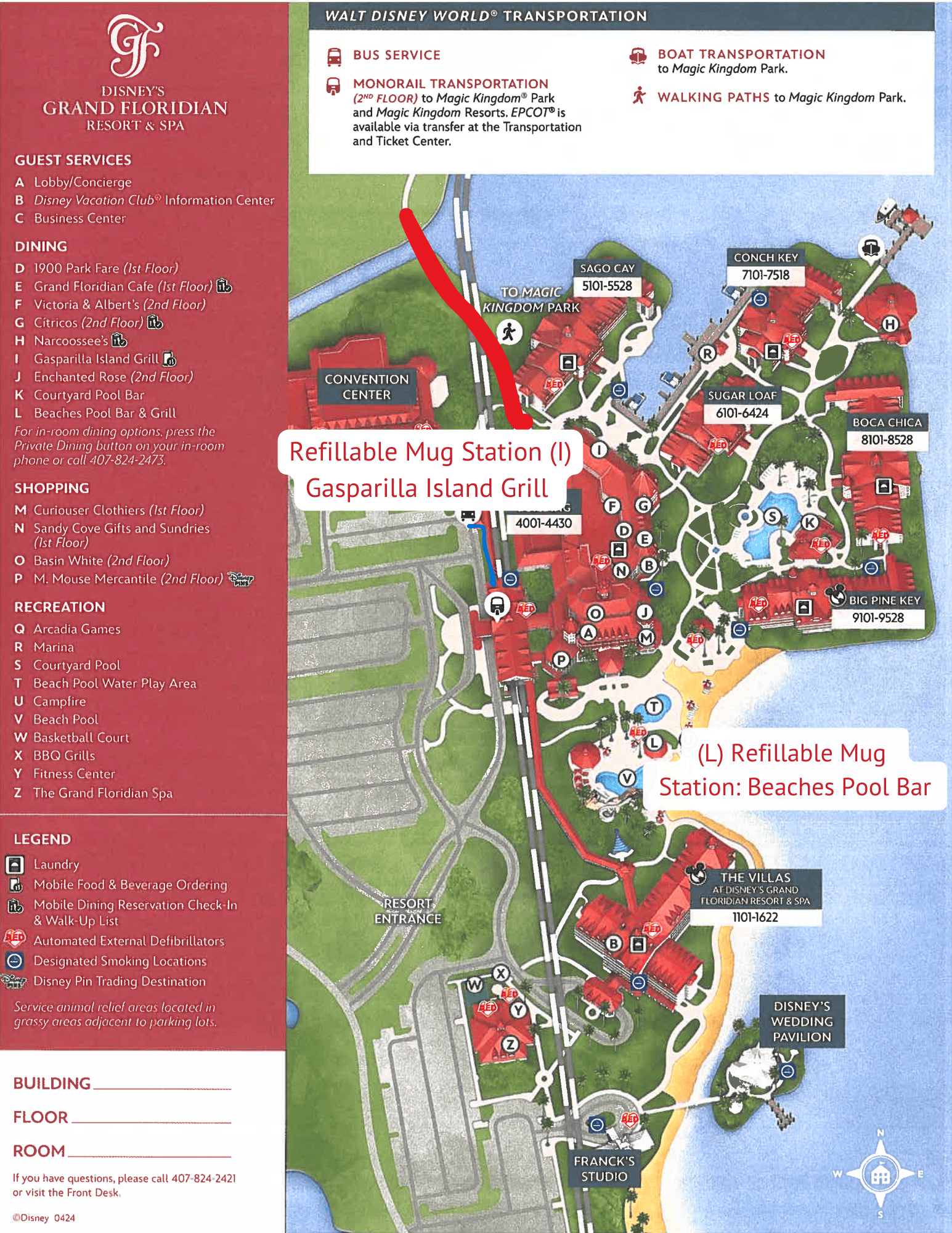 a map of the Grand Floridian that shows the refillable mug locations