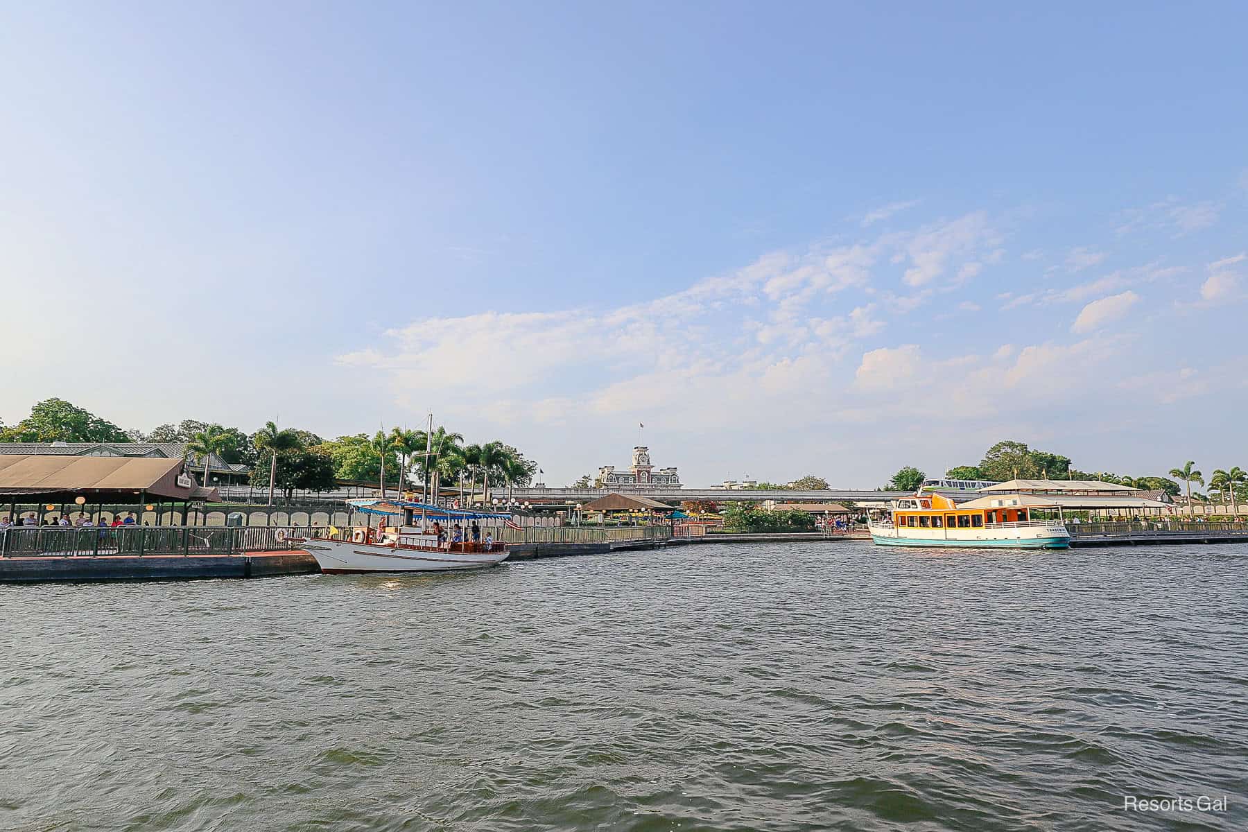 two resort boats docked at Magic Kingdom 