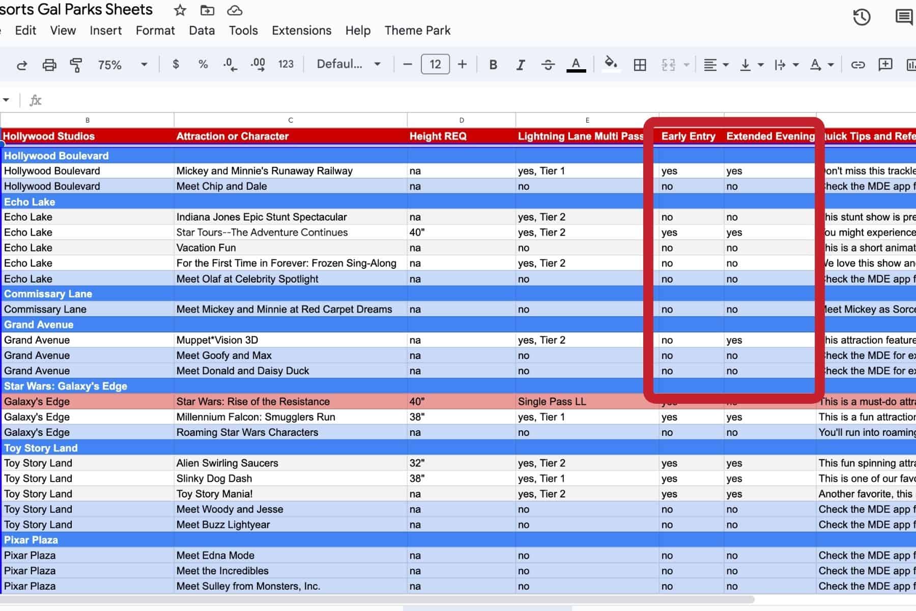 the spreadsheet columns highlighted for Early Entry and Extended Evening 