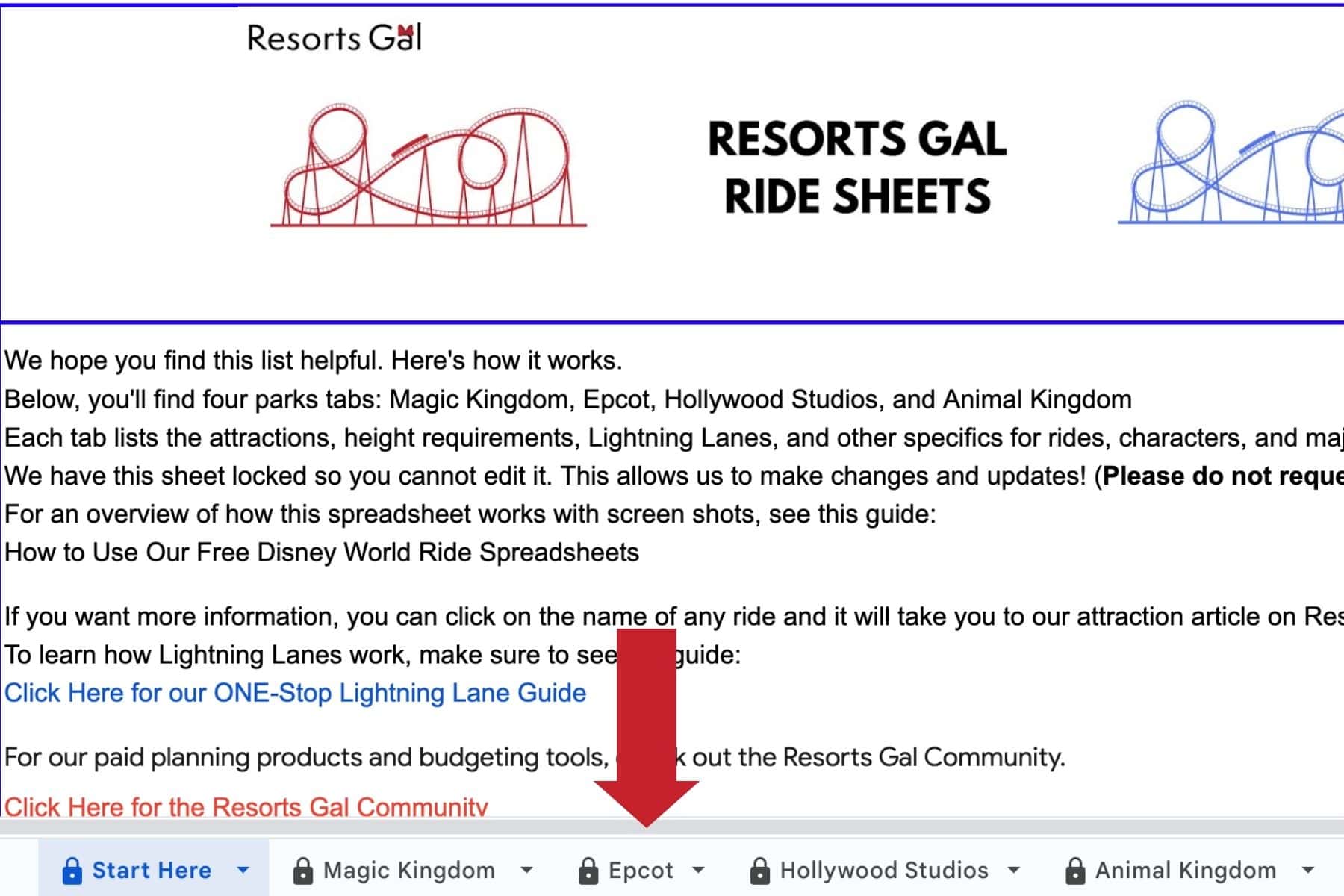 a red arrows points to the tab for Epcot on the ride spreadsheet to help identify it 