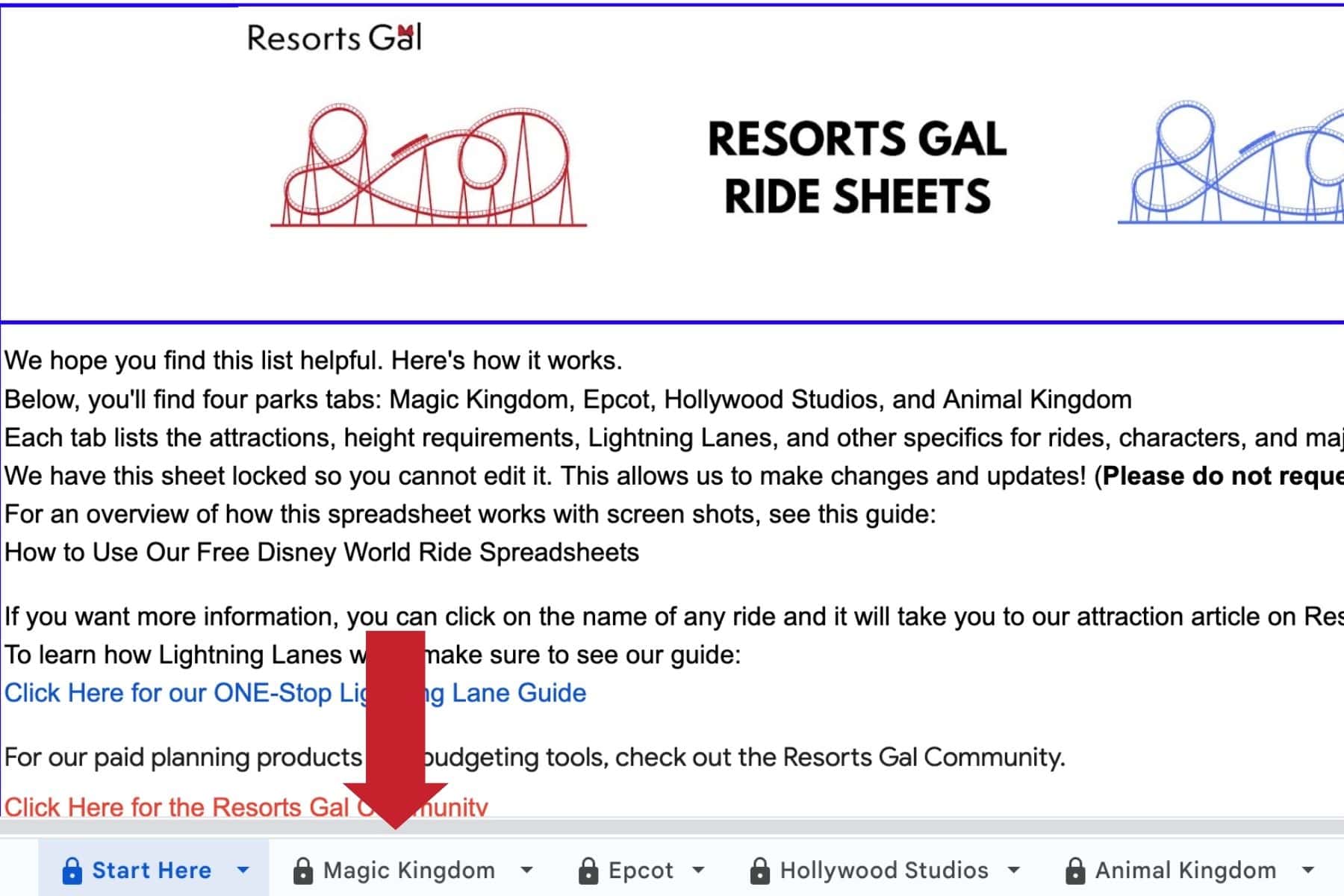 a red arrow indicates where to locate the tab for the Magic Kingdom spreadsheet 