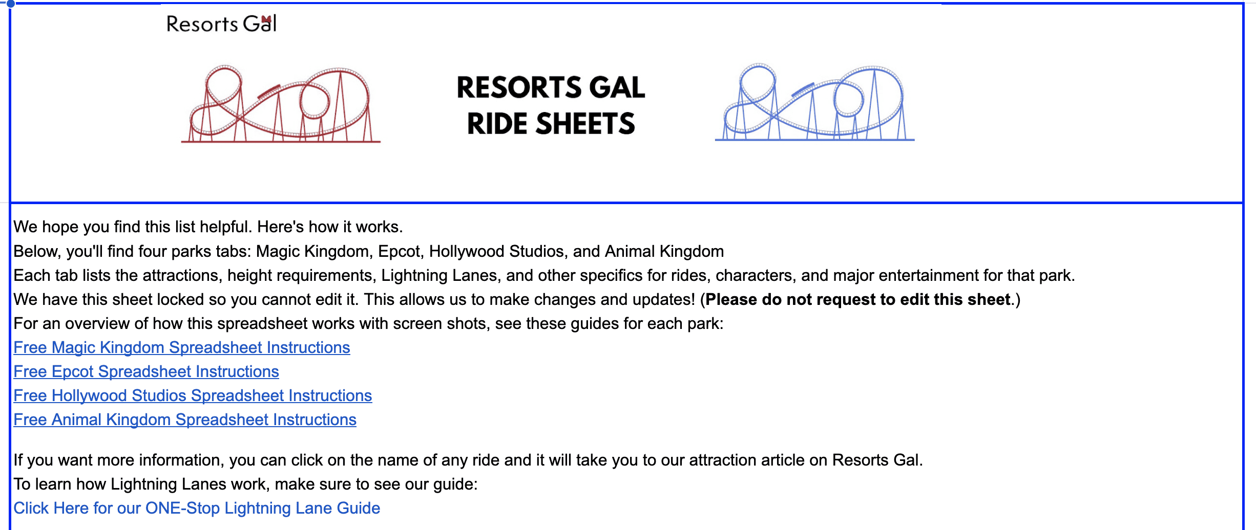 Home Page of the Resorts Gal Free Disney World Ride Spreadsheet in Google Sheets