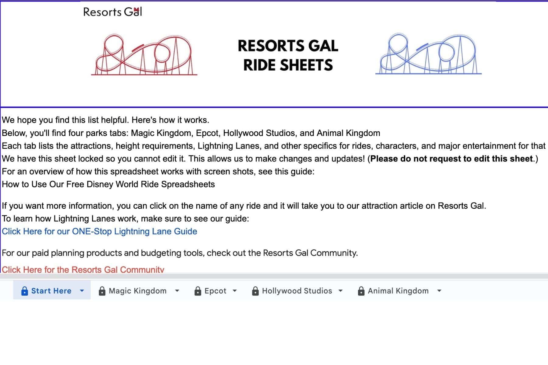 screenshot of the Resorts Gal Ride Sheet Start Here Screen 