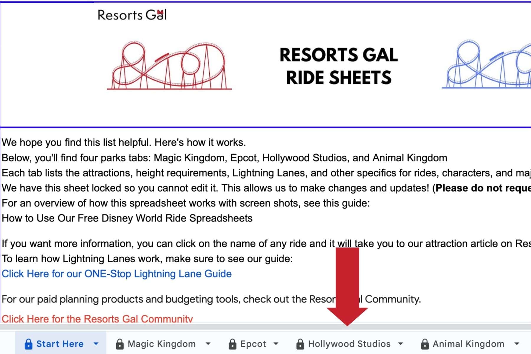 a red arrow indicates the tab for Disney's Hollywood Studios on the spreadsheet screenshot 