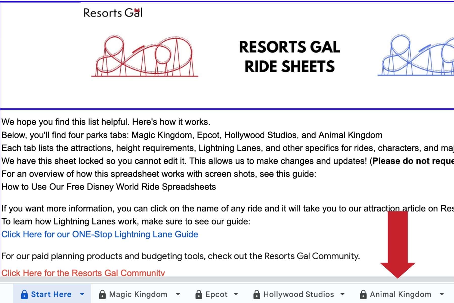 a red arrow indicates the spreadsheet tab for Disney's Animal Kingdom 