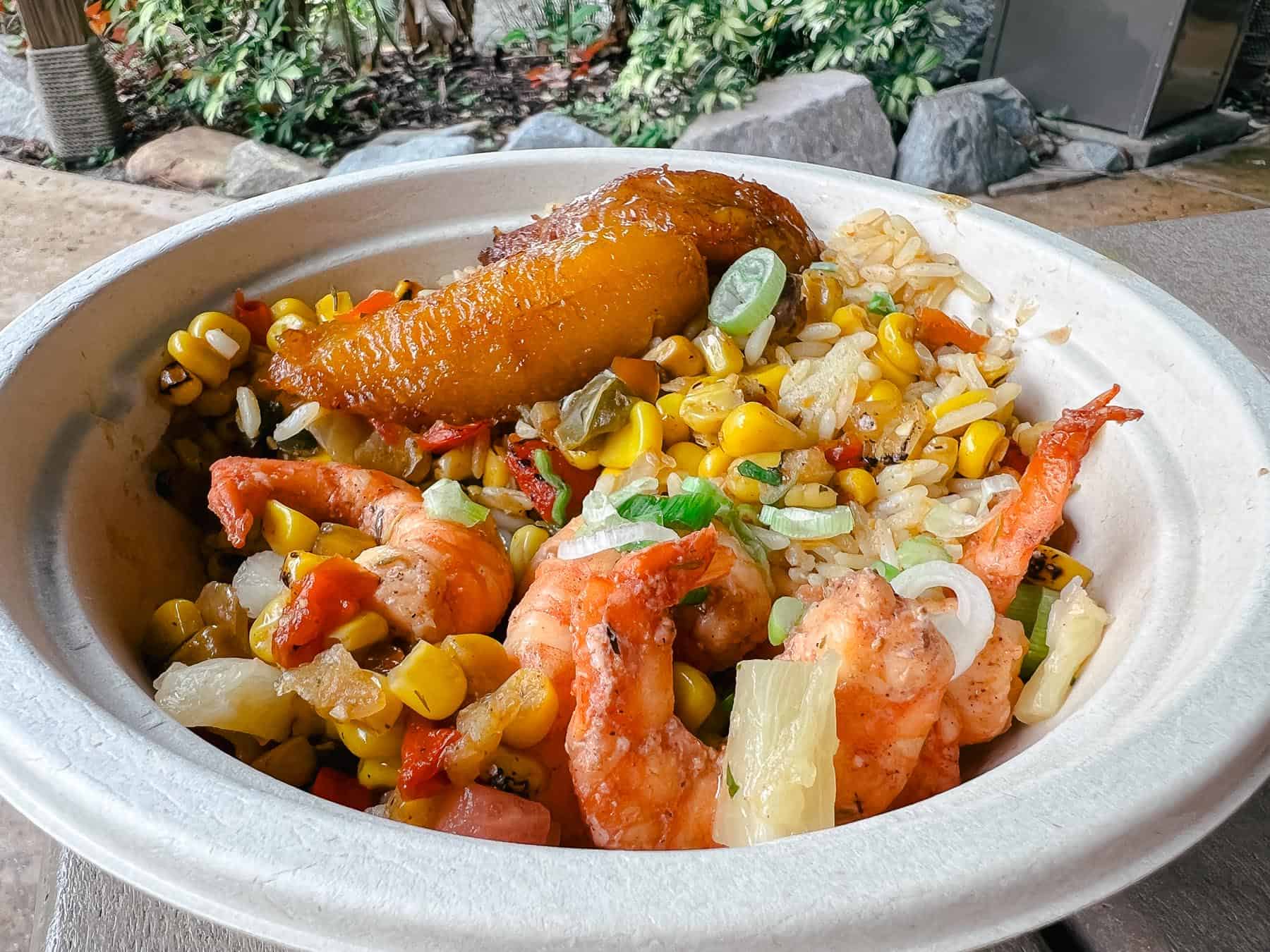 a shrimp with rice bowl from Leaning Palms restaurant at Typhoon Lagoon 