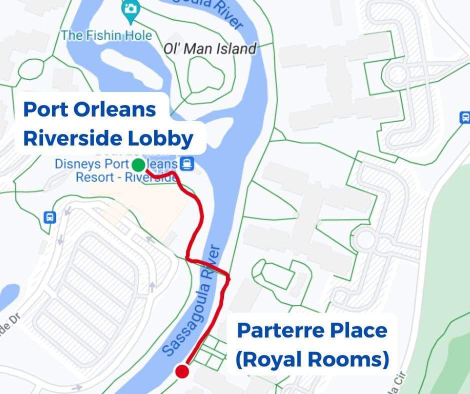 Map of the walking distance to Parterre Place Royal Rooms to Port Orleans Riverside Lobby 