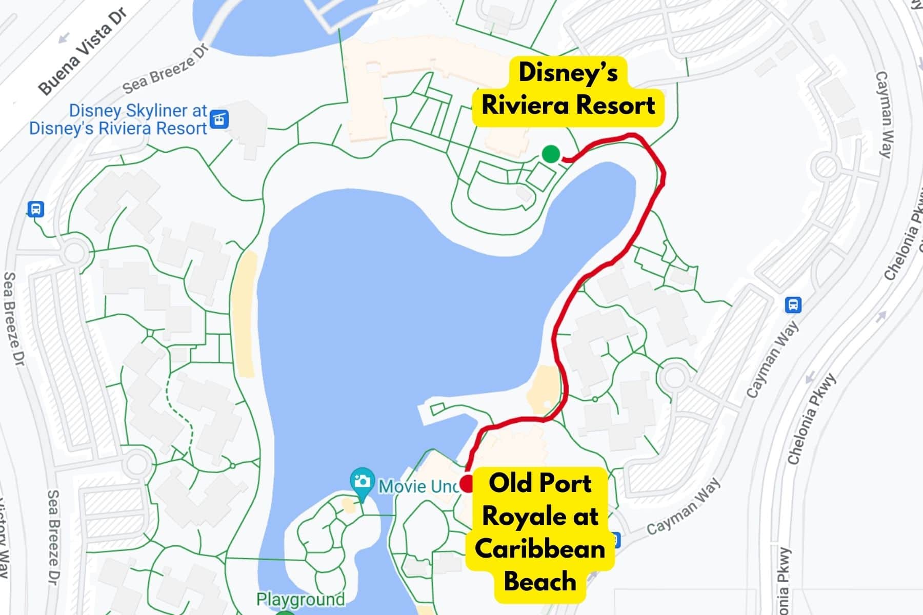 map of the walking path between Disney's Riviera and Disney's Caribbean Beach 