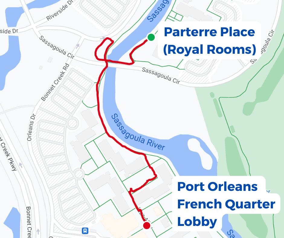 map shows how you can walk from the Royal Rooms to Port Orleans French Quarter Lobby 