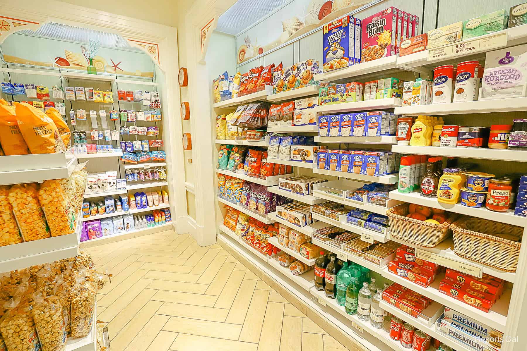 pantry items on shelves, condiments, cereal, and other things you can prepare in the room 