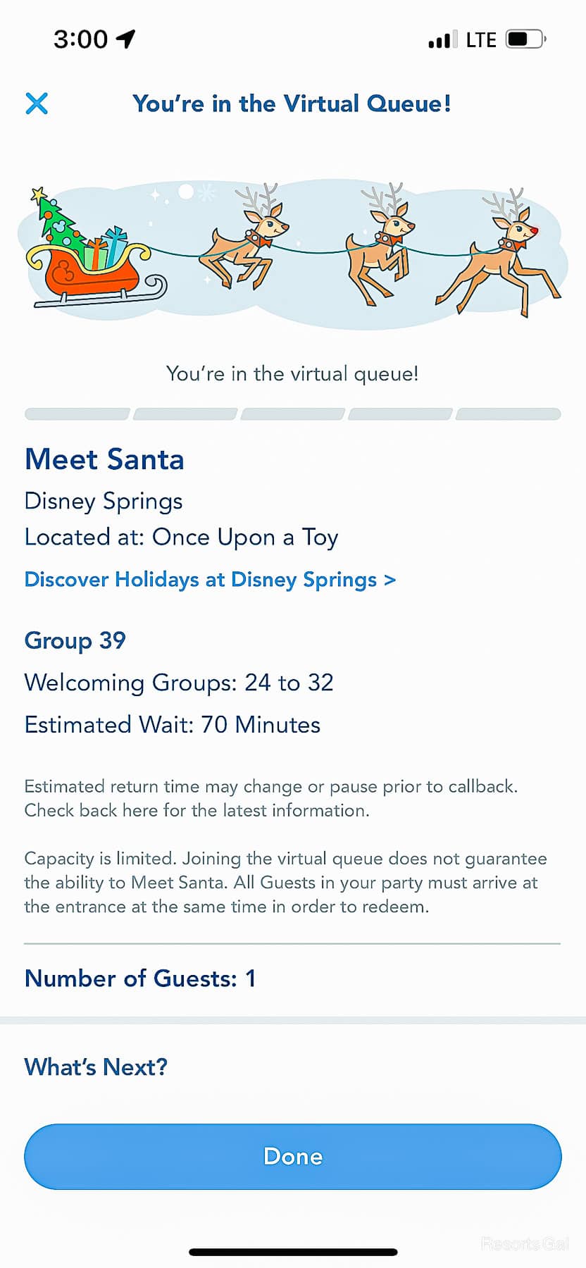 Virtual queue screen shot for Santa at Disney Springs 