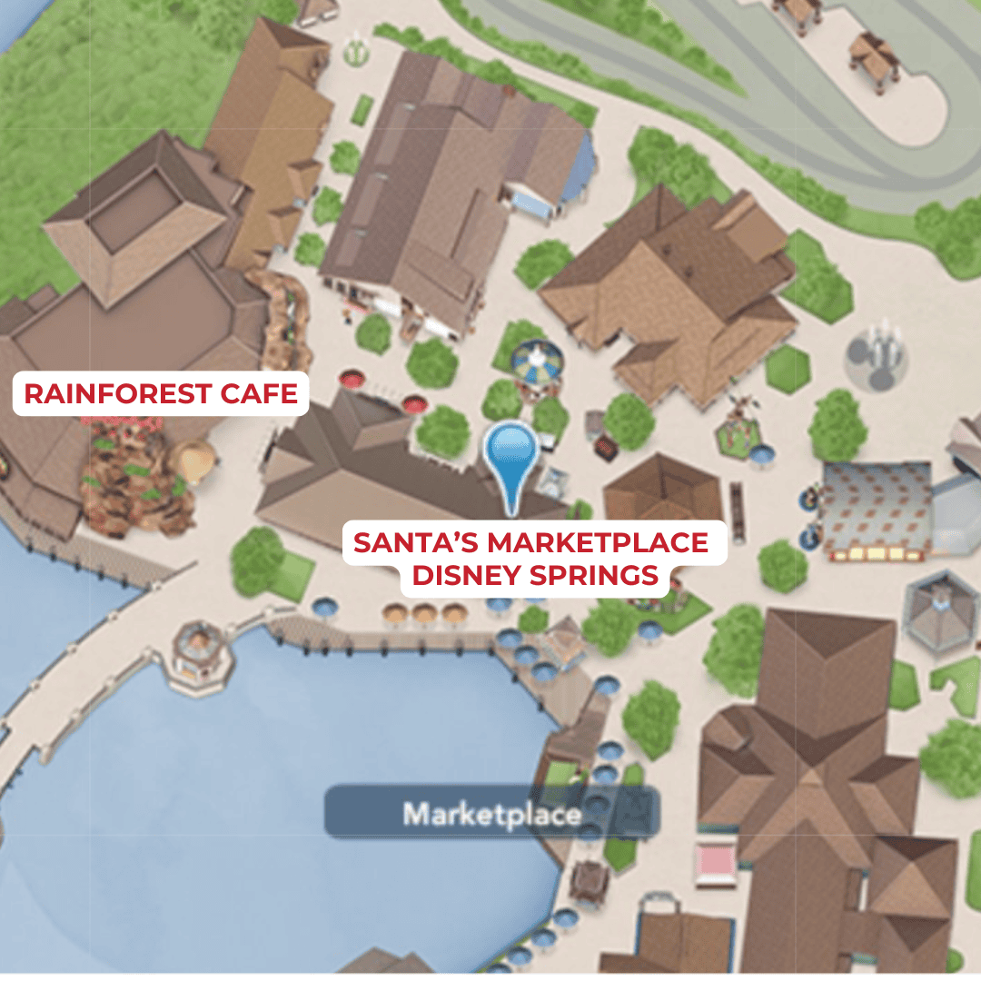 map of Disney Springs Marketplace with Santa location label