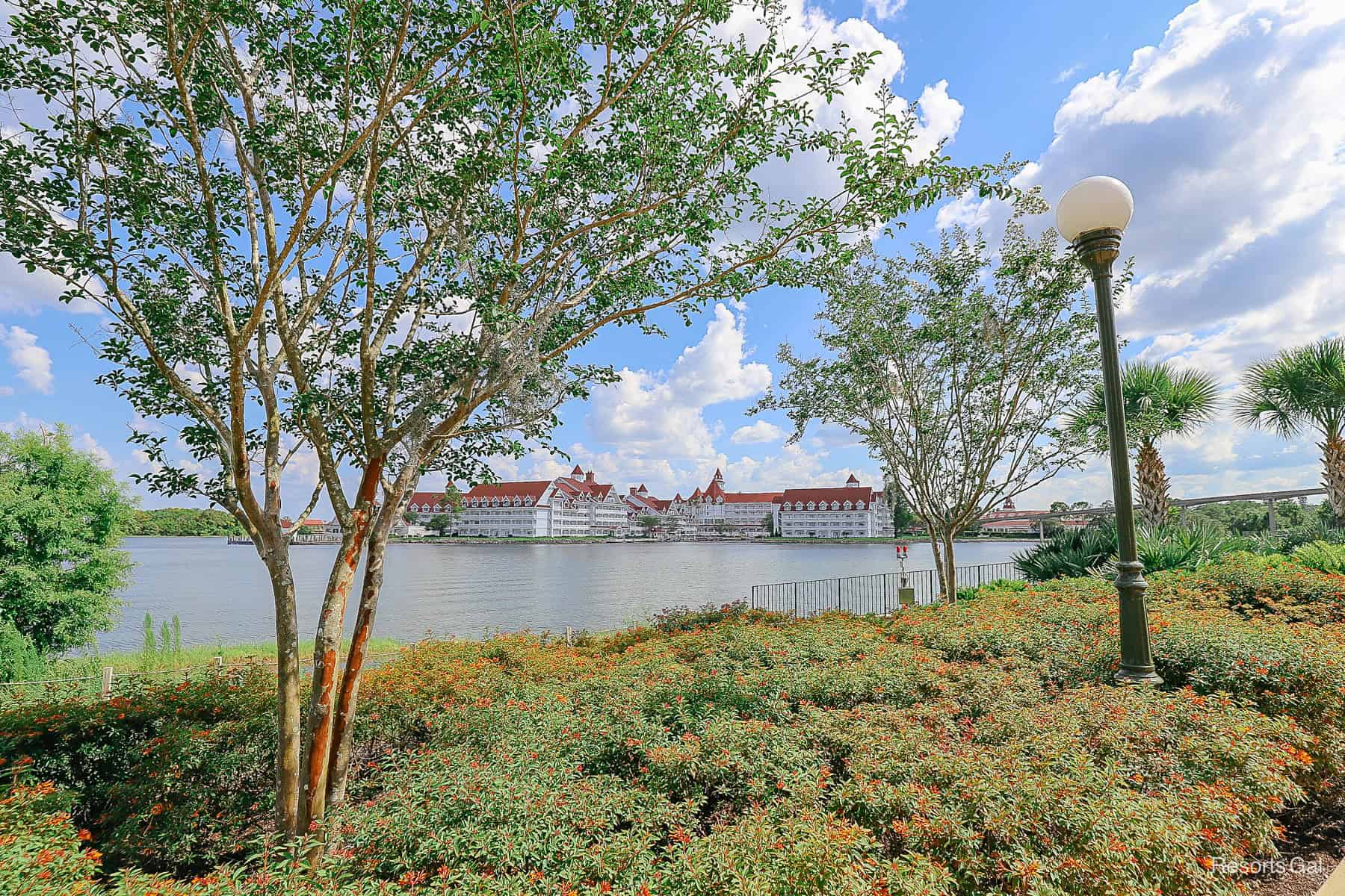 a scenic view of the Grand Floridian from the walkway 