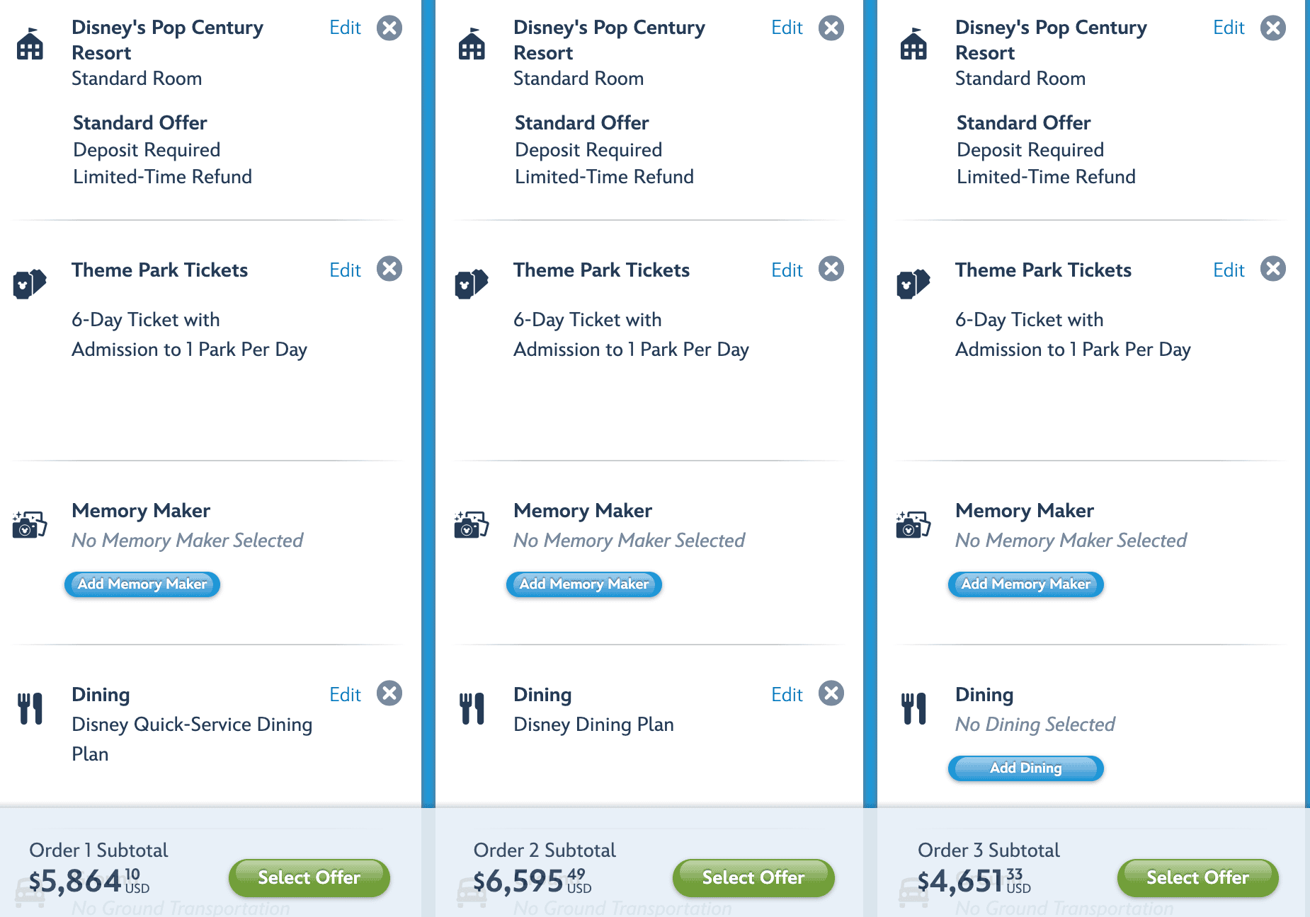 a screenshot that compares the cost of the Disney Dining Plans vs the price without one. 