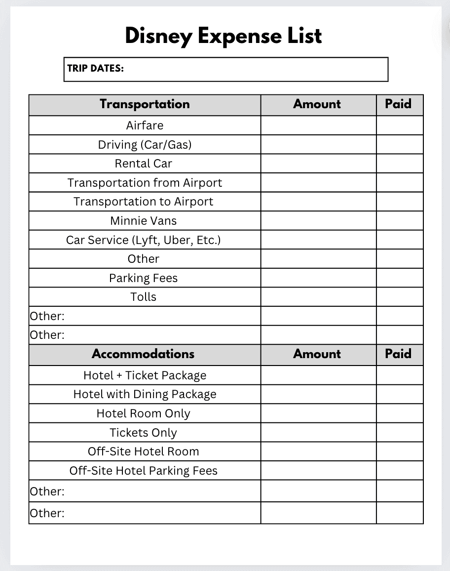 a screenshot of transportation and accommodations expense list PDF for Disney World 