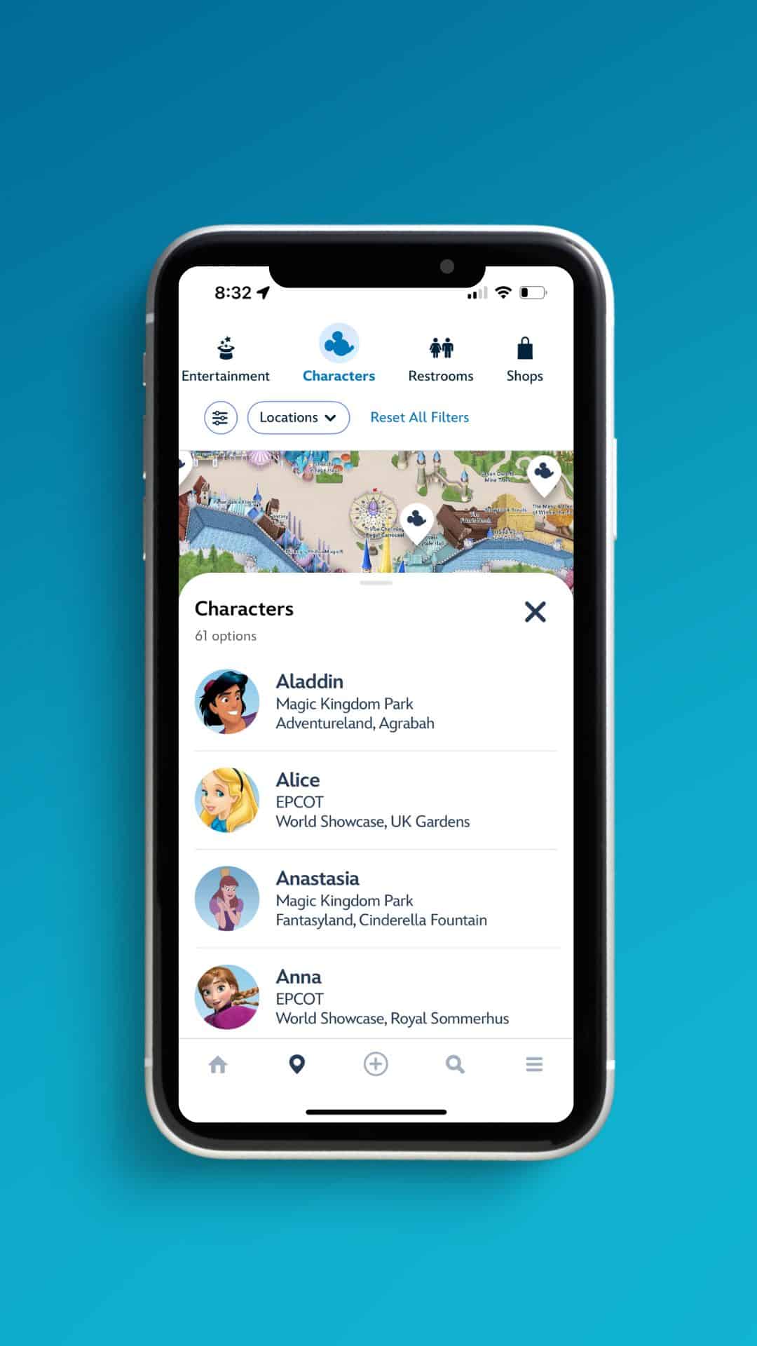 a screenshot of the My Disney Experience app that shows a list of characters who are currently meeting 