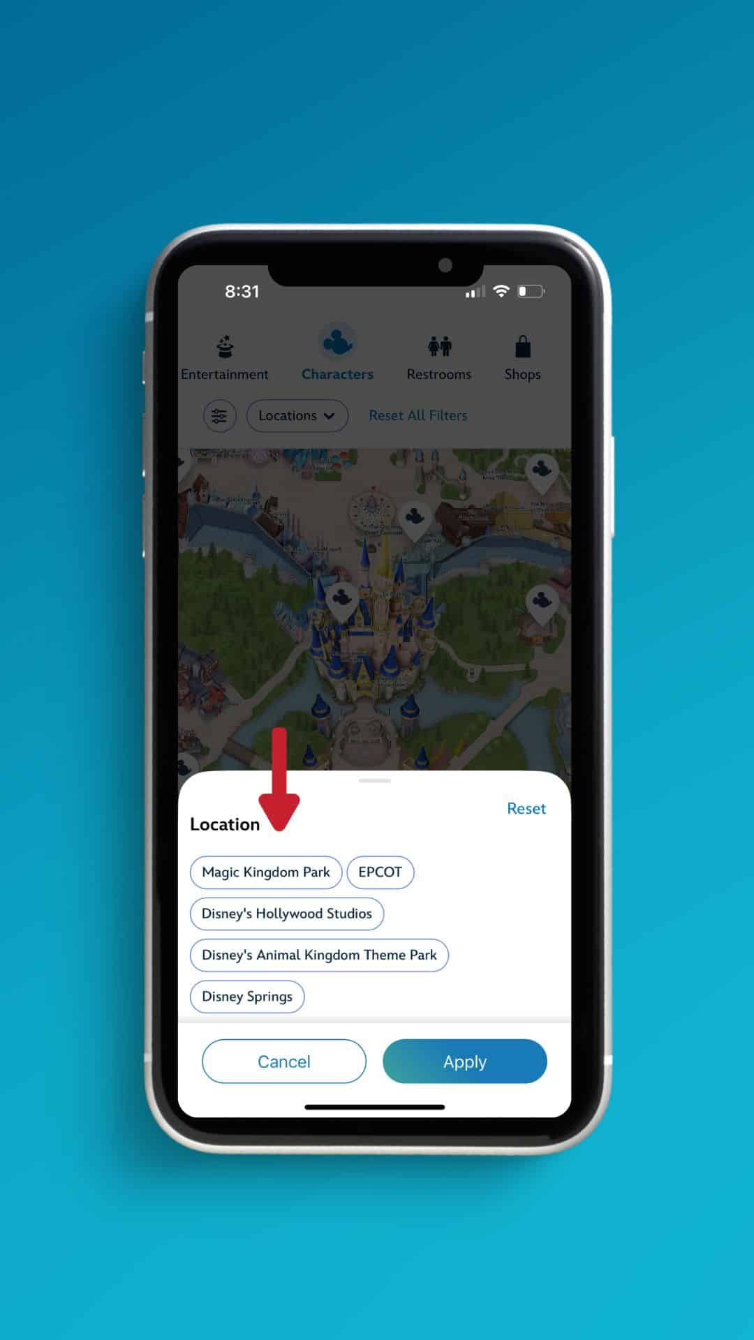 a screenshot that shows how to sort characters by location in the My Disney Experience app 