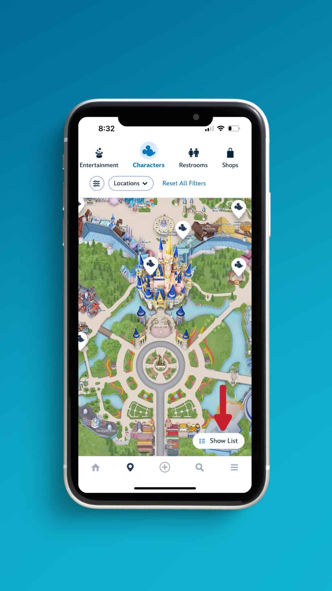 a screenshot with an arrow pointing to the Show List of characters options in the My Disney Experience app 