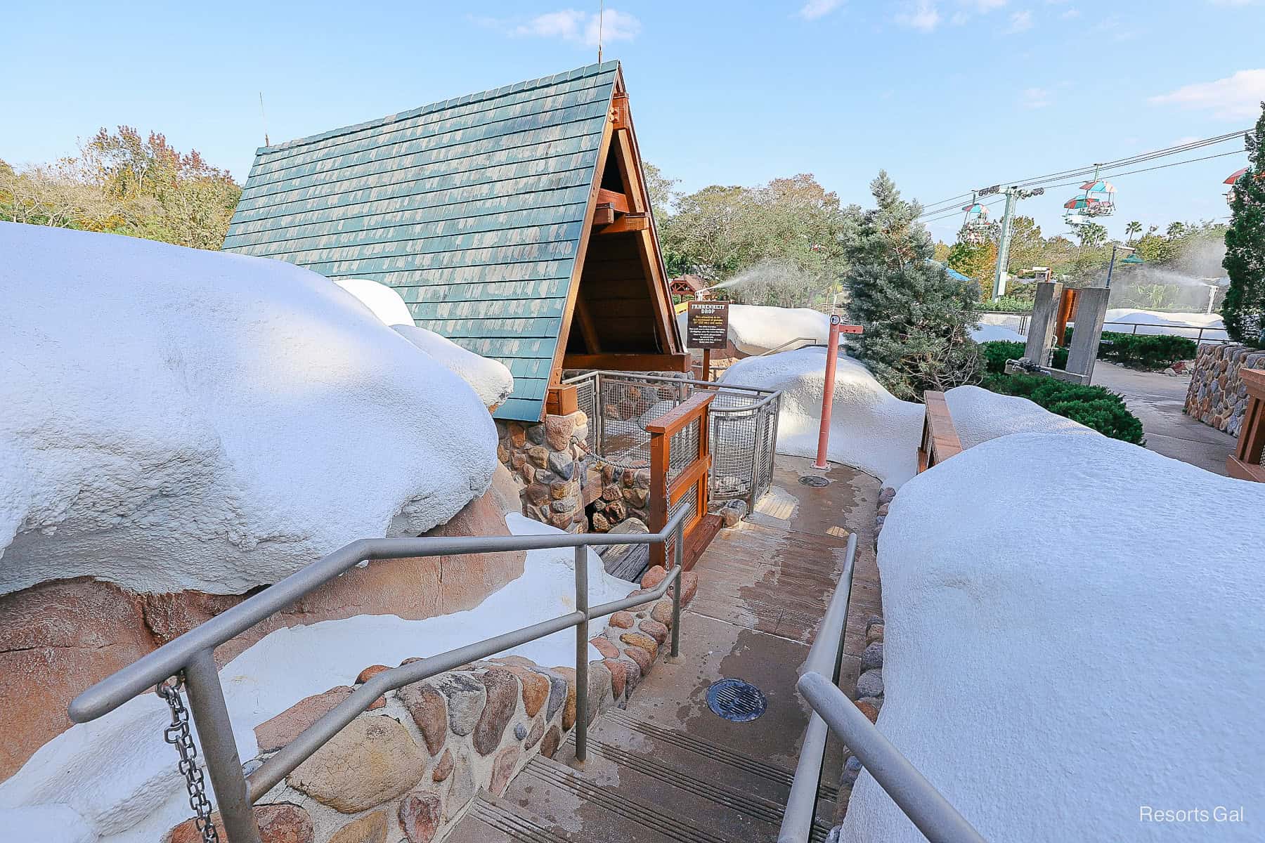 steps that lead down to the jump point for the zip line attraction at Blizzard Beach 