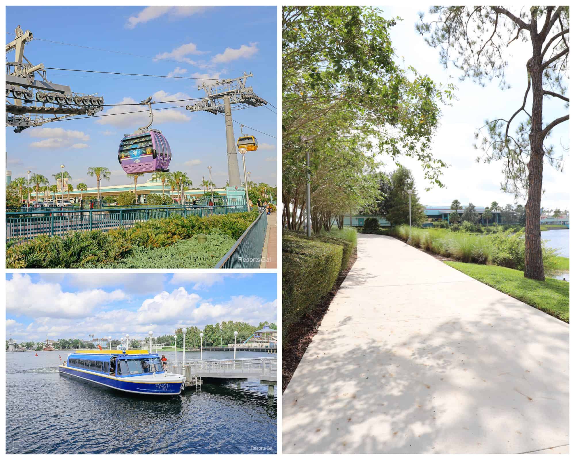 a collage with images of the Skyliner, FriendShips, and walking path as options for park hopping between Disney's Hollywood Studios and Epcot 