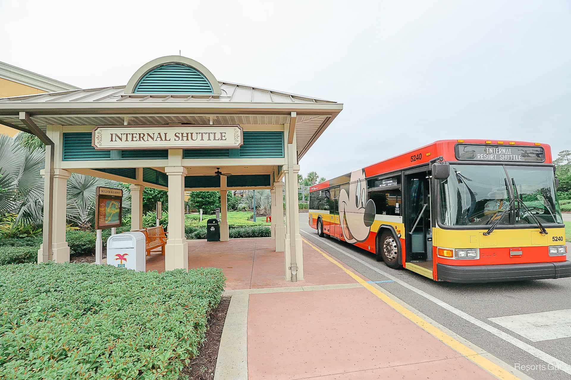 an internal bus waiting at the Skyliner bus stop at Disney's Caribbean Beach