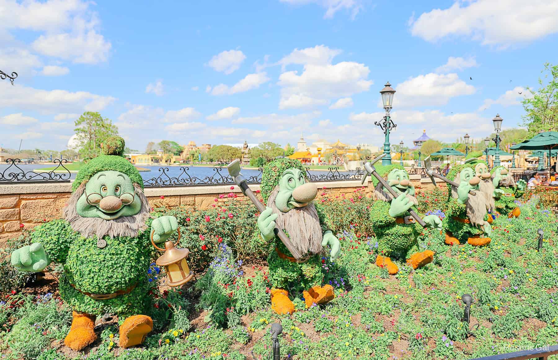 6 of the 7 Dwarfs in topiary form at Epcot.